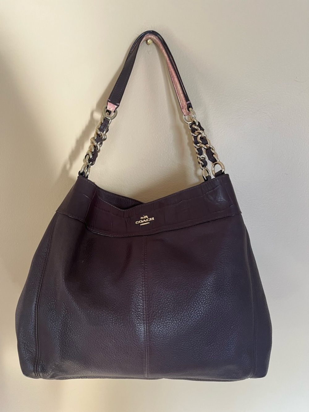 Coach Dark Brown Pebbled Leather Lexy Shoulder Hobo Bag Purse Gold Chain Detail